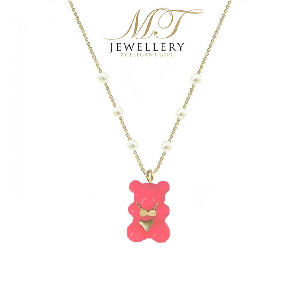 NEON CORAL BIKINI GUMMY BEAR CHARM WITH PEARL NECKLACE IN 18 K GOLD