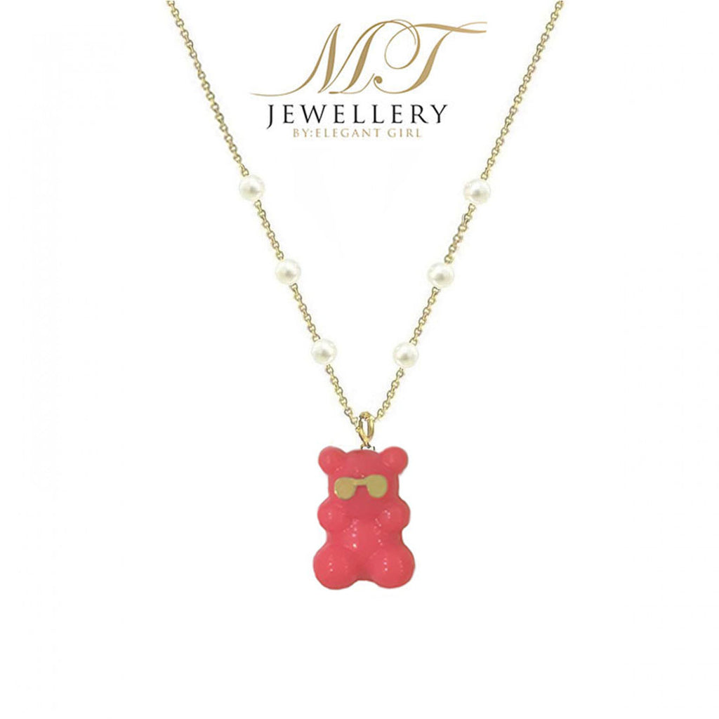 NEON CORAL SUNGLASSES GUMMY BEAR CHARM WITH PEARL NECKLACE IN 18 K GOLD