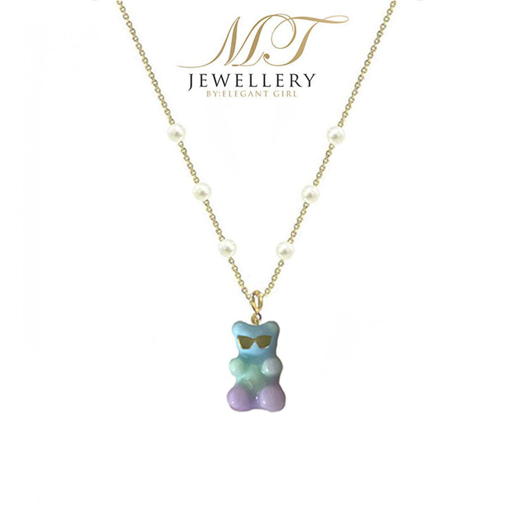 PASTEL SUN GLASSES GUMMY BEAR CHARM WITH PEARL NECKLACE IN 18 K GOLD