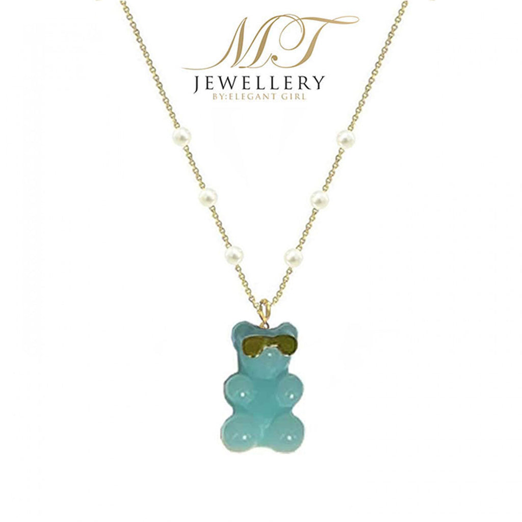 BLUE  SUNGLASSES BEAR CHARM WITH PEARL NECKLACE IN 18 K GOLD